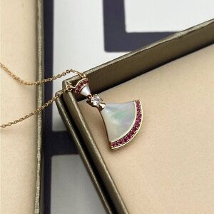 Bulgari 18K Gold Fan Pendant Necklace with Mother-of-Pearl and Pink Stones